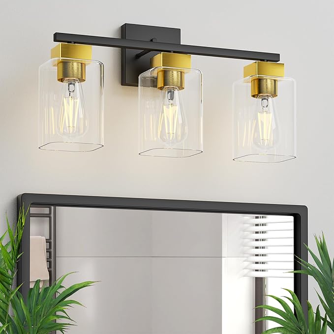 Black and Brushed Gold Bathroom Vanity Light, 3-Light Vanity Lighting fixtures Over Mirror, Square Design & UL Certification, Wall Sconces with Clear Glass Shades, E26 Socket (Bulbs Not Included)