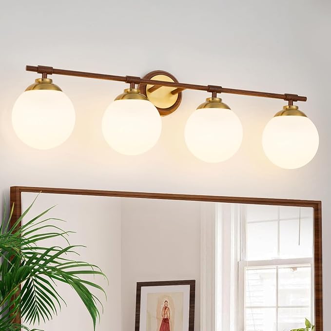 Rayogale Walnut Bathroom Light Fixtures, ETL 4 Lights Vanity Lights Over Mirror with Milk Glass Soft Lighting 32 Inch Bathroom Sconces(Exclude E26 Bulb)