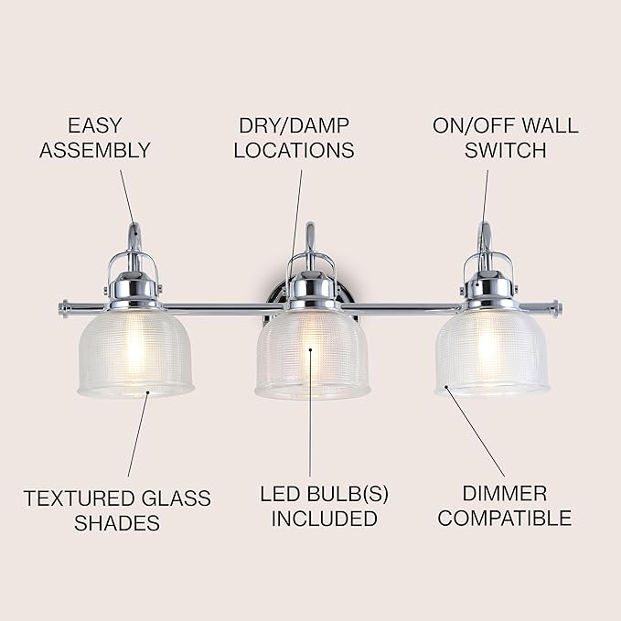JONATHAN Y 25.25" Chrome Modern Bathroom Vanity Light, 3-Light LED Wall Sconce, Clear Glass Bell Shade for Mirror Hallway Kitchen, ETL Listed, LED Bulb Included (JYL7409A)