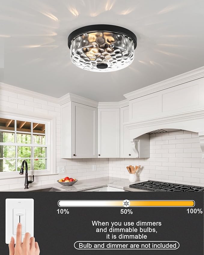 12 Inch Farmhouse Flush Mount Ceiling Light, 2 Light Industrial Close to Ceiling Light, Industrial Ceiling Lighting Fixture for Kitchen Hallway Bedroom Living Room (12.2 Inch Black)