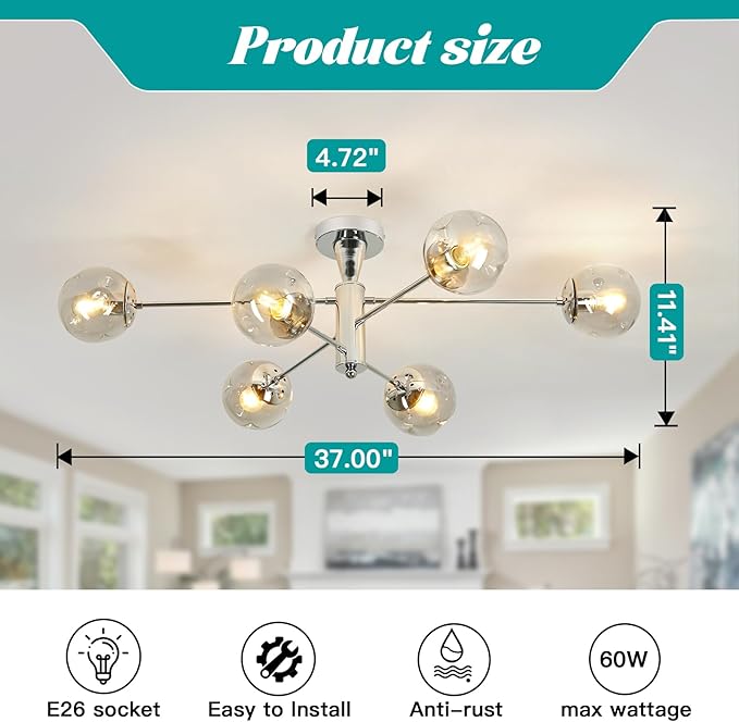 hesoge Modern Sputnik Ceiling Lights 6 Light Semi Flush Mount Ceiling Fixture with Glass Globes Chrome Chandelier for Dining Room Bedroom Living Room Kitchen Farmhouse.