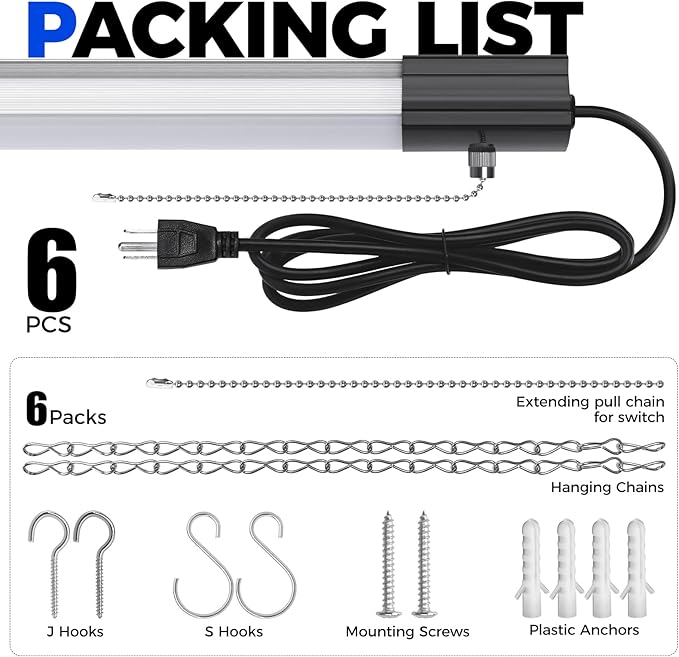 Barrina BS168 168W 8FT LED Shop Lights, 16800LM, 5000K, High Output, Linkable, LED Shop Light for Garage, Workshop, Warehouse, Hanging or Ceiling Mount with Pull Chain Switch, 6 Packs