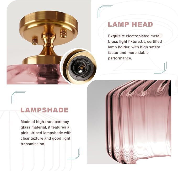 Pink Close to Ceiling Light Hallway Light Fixtures Vintage Antique Brass Ceiling Lamp with 11.02" Stripes Glass Shade Schoolhouse Flush Mount Ceiling Light for Closet Entryway Shower Light