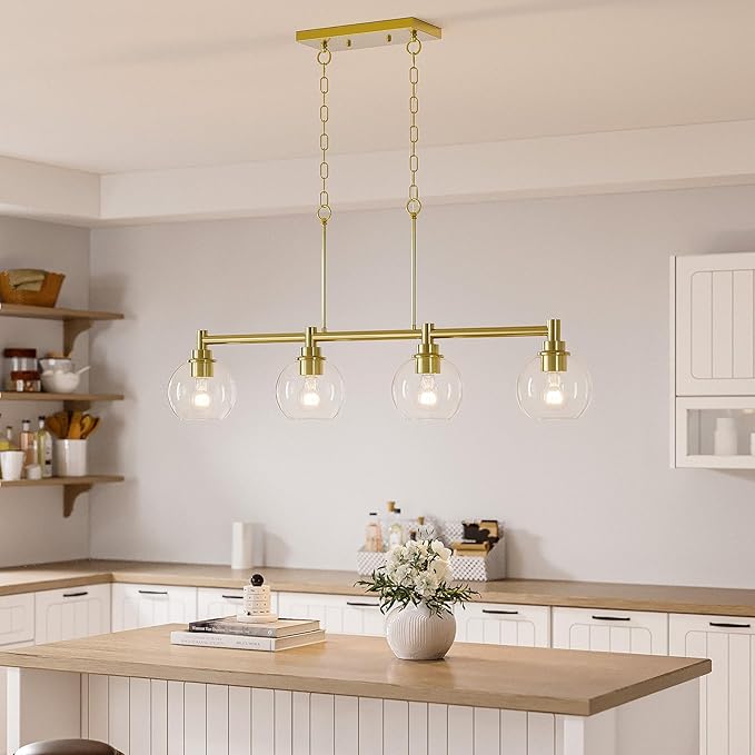 VONLUCE Dining Room Light Fixture Over Table, 4-Light Kitchen Island Lighting with Round Glass Shades & Adjustable Hanging Heights, Linear Chandlier for Dining Room Kitchen, Gold, ETL Certificated
