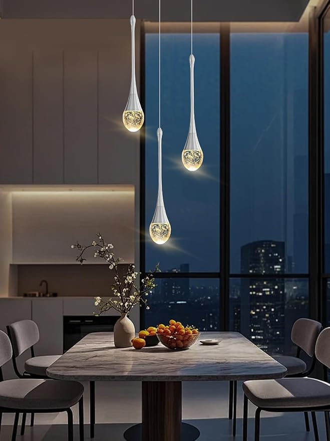 ykolupty Pendant Lights Kitchen Island 3-Lights Silver Crystal Chandelier for Dining Room Hallway Stairwell,LED Dimmable 2700K-6000K