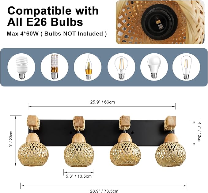 LmnLvn Farmhouse Bathroom Light Fixture, 4-Light Boho Vanity Light, Bamboo Bathroom Light Fixture Over Mirror Rustic Vanity Lighting with Handmade Bamboo Shades, Suit for Restroom, Bedroom, Hallway