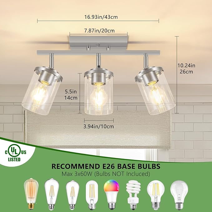 FadimiKoo 3-Lights Kitchen Light Fixtures Ceiling Mount, Brushed Nickel Adjustable Semi Flush Mount Ceiling Light with Clear Glass, Multi-Directional Track Spotlights for Kitchen Hallway Bathroom