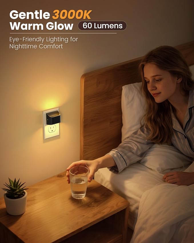 NIORSUN Night Lights Plug Into Wall, Auto Brightness Sensor Night Light, 3000K Warm White, Ultra-Slim Wall Light for Hallway Bathroom Bedroom Stairs, Black, 2 Pack