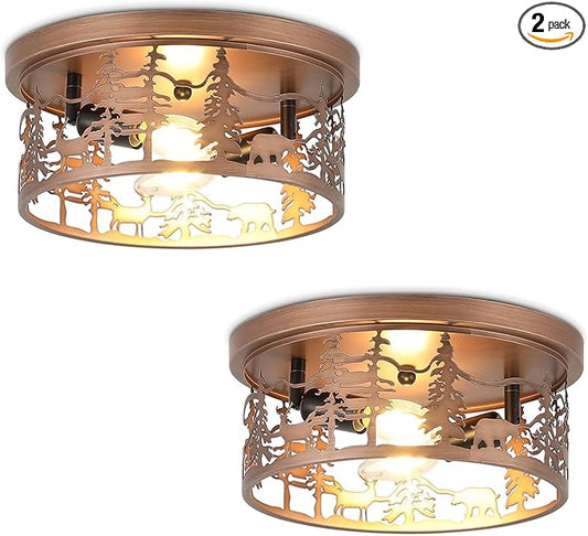 2 Pack Rustic Bear Flush Mount Ceiling Light Fixture, 11" Round Farmhouse Vintage Industrial Metal Cage Light, Perfect for Kitchen, Dining Room, Foyer Entryway, Cabin, Loft Lighting