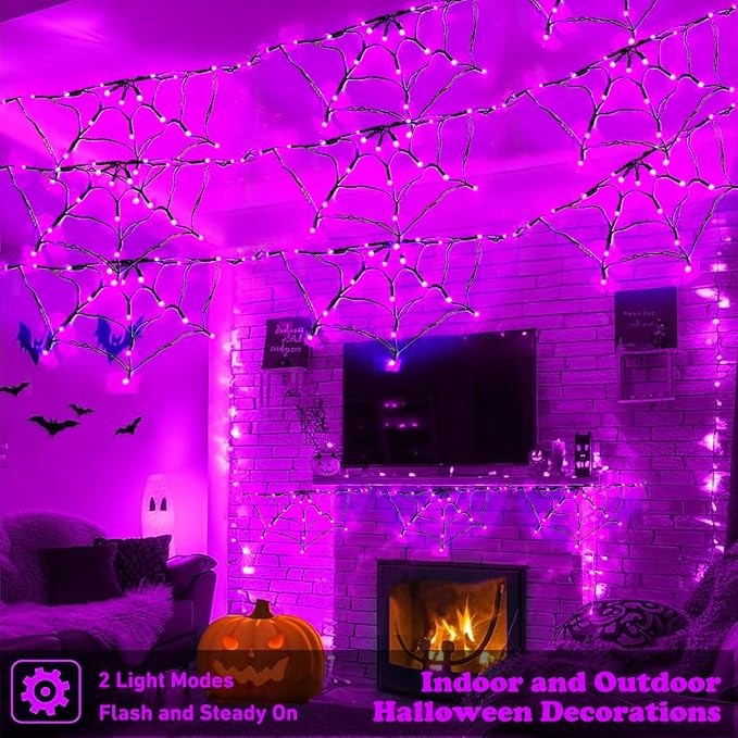 Halloween Spider Web Lights Outdoor, Solar Light up Cobweb String Lights with 60LED Lights, Spiderweb Curtain Fairy String Lights for Halloween Decorations Fireplace Proch Window Garden (Purple)
