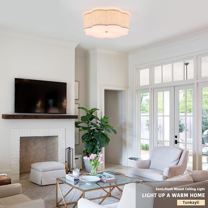 18" Modern Flush Mount Ceiling Light, 3-Light Large Gold Ceiling Fixture with Beige Linen Drum Shade, Flower Design Ceiling Lamp for Dining Room, Bedroom, Nursery, Entryway