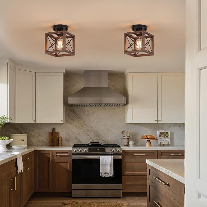 Rustic Farmhouse Metal Flush Mount Ceiling Light Fixture Antique Oak Hexagon Cage Small Semi Flush Mount Ceiling Light for Kitchen Hallway Entry Bedroom Country Farmhouse, Black