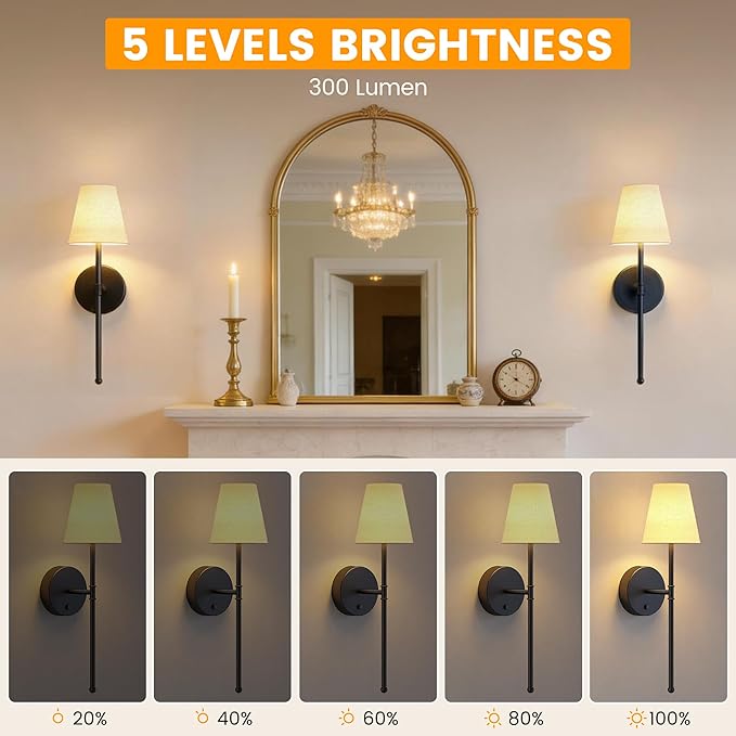 LUTEC Battery Operated Wall Sconce Set of 2,Rechargeable Wall Sconce, 12 Colors Wireless Wall Sconces with 5200mAh RGB Dimmable and Remote,Rechargeable Sconces Decor for Bedroom/Living Room/Hallway