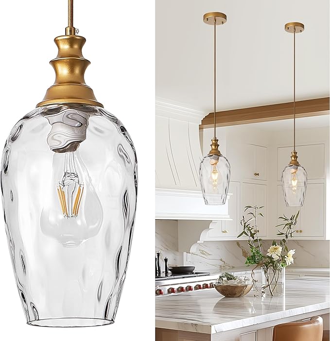 Pendant Lights Kitchen Island, Gold Pendant Light Fixtures Hanging Light Fixture Transparent Water Ripple Glass Lamp Shade Island Lights for Kitchen Living Dining Room Farmhouse Pendant Light