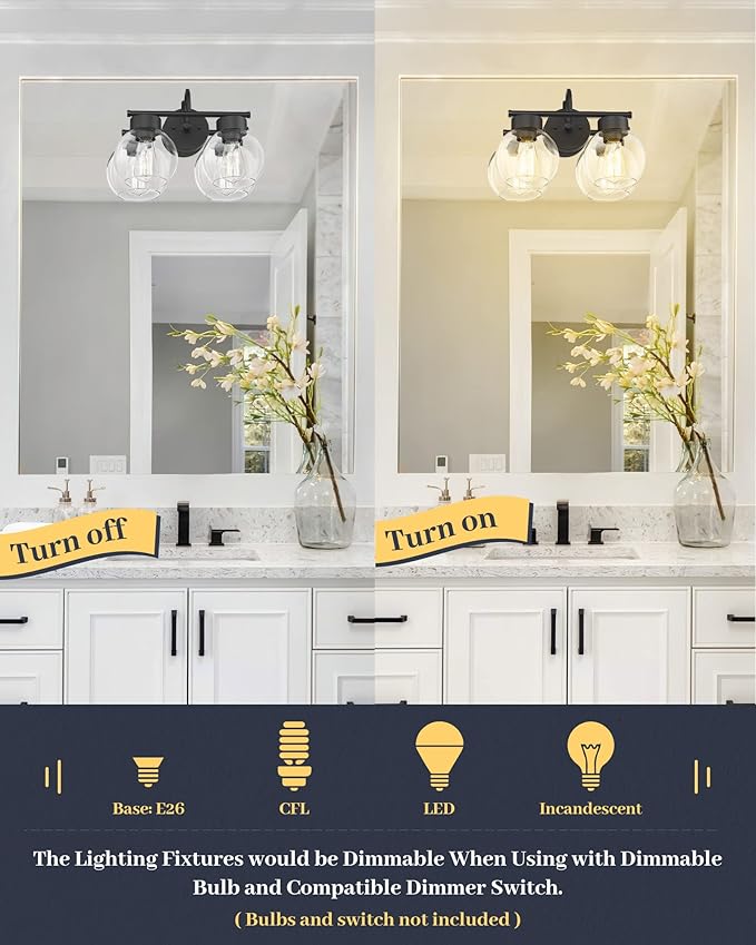 EAPUDUN 2-Light Matte Black Bathroom Light Fixtures Over Mirror, Vanity Lights for Bathroom with Clear Glass Shades, Industrial wall sconces, WLA1434-BK