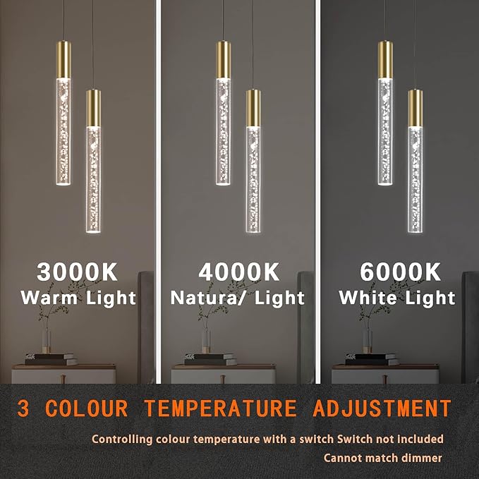 Modern Gold Pendant Light Fixture (2 Lights), 3 Color LED Pendant Light Acrylic Wire Adjustable Ceiling Pendant for Kitchen Island, Living Room, Bedroom, and Dining Room(Gold, 2Light 3pack)