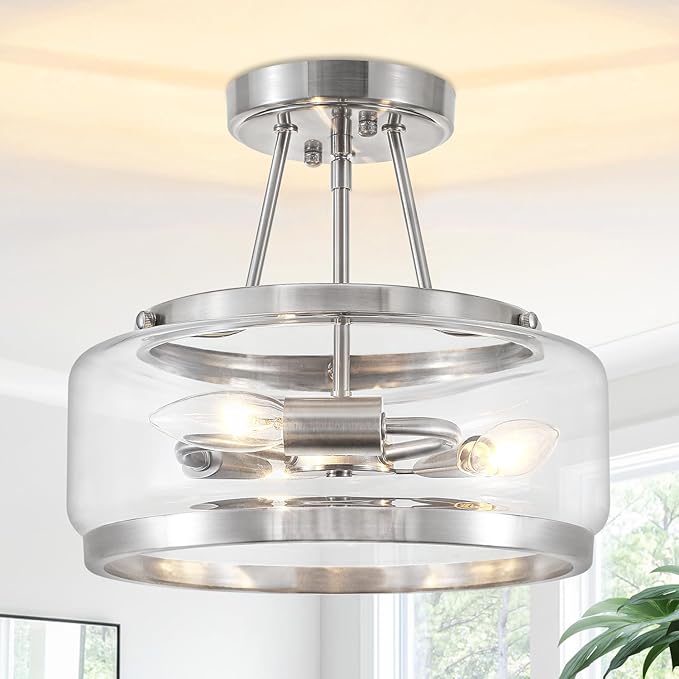 Brushed Nickel Modern Glass Ceiling Light, 3-Light Drum Semi Flush Mount Ceiling Light , Entryway Light Fixture, 11.81" Ceiling Lamp for Hallway Bedroom Laundry Room Dining Room Kitchen Light Fixtures