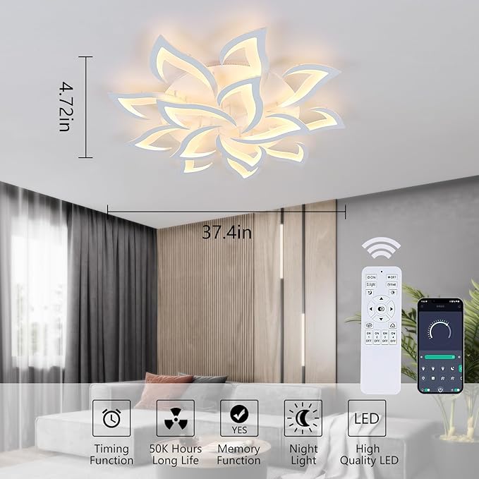 Goeco Modern Ceiling Light, 14-Petals LED Dimmable White Acrylic Flower Design Flush Mount Ceiling Light, 3000K-6500K with APP/Remote Control for Living Room, Dining Room, Kitchen