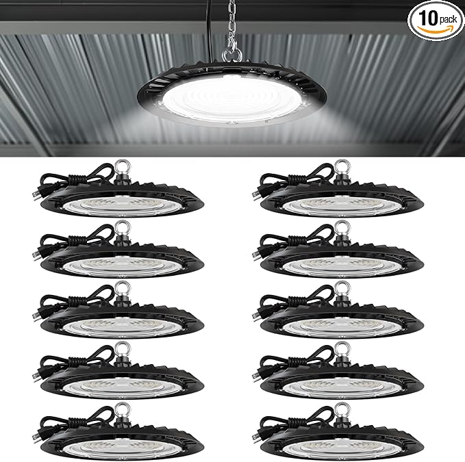 Sunco 10 Pack UFO LED High Bay Light, 150W, 19500 Lumens, 6000k Ultra Bright Commercial Shop Lights for Warehouse, Factory, Workshop, Garage & Barn, Ceiling Mount, Plug & Play, 120V, UL