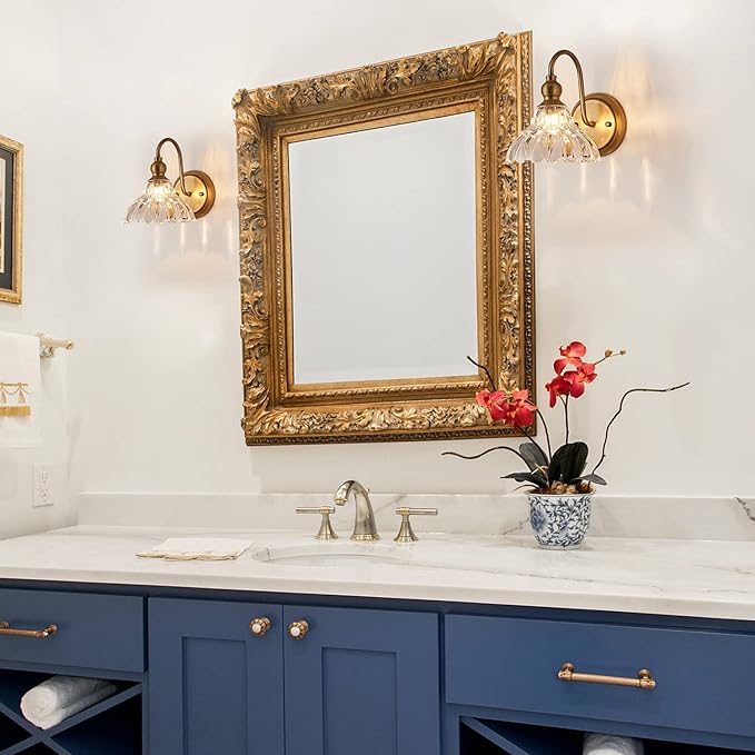 2-Pack Vintage Wall Sconces Brass Bathroom Vanity Lighting Fixtures Beautiful Wall Light Set of Two for Bedroom Bathroom Hallway Living Room