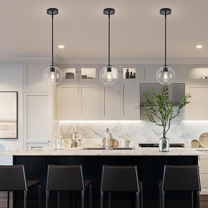 7 Inch Matte Black 2-Pack Modern Pendant Lights Kitchen Island Mid Century Modern Pendant Light Fixtures with Clear Glass Globe Modern Hanging Pendant Light for Bathroom Foyer （Bulb Incl）
