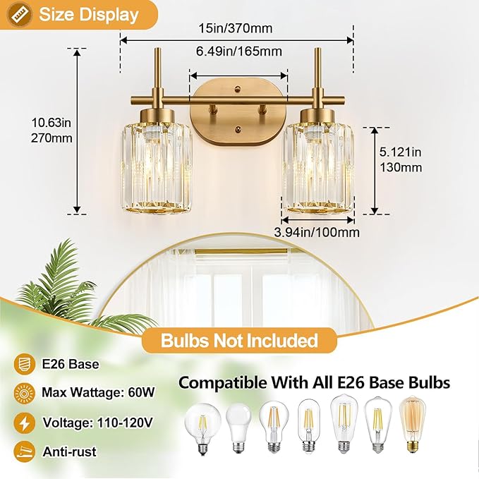 Modern Crystal Bathroom Vanity Light, 2-Light Brushed Gold Bathroom Light Fixtures with Clear Shades, Vanity Lighting Fixtures Over Mirror (Exclude Bulb)