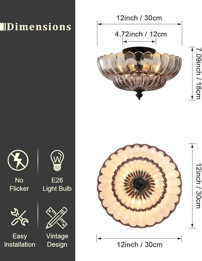 ANYLOVE Modern 12Inch Smoke Gray Flower Glass Semi Flush Mount Ceiling Light, 3 Light for Living Room Bedroom Hallway Entryway Foyer