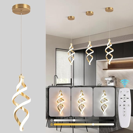 Modern Led Pendant Light Fixture, 15W Spiral Led Chandelier Hanging Lamp, 3000K-6000K, Dimmable Pendant Lamp, Adjustable Height Pendant Light for Kitchen Island Dining Room Bedroom Cafe (Gold)
