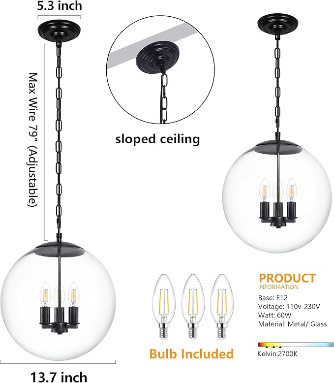 KoKo&Yukina 14" Black Globe Pendant Light Mid Century Pendant Light Clear Glass Pendant Lights Kitchen Island Adjustable Hanging Light Fixture for Dining Room Bedroom Kitchen Island