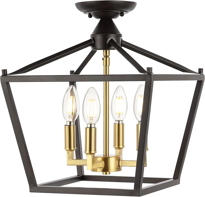 JONATHAN Y 12" Oil Rubbed Bronze/Brass Gold Modern Farmhouse Pagoda 4-Light LED Semi Flush Mount Lantern, Metal Ceiling Light Fixture for Kitchen, Hallway, Entryway, Bedroom, Hardwired (JYL7610G)
