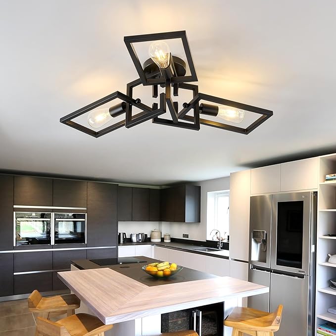 ZGLAOJT Black Industrial Flush Mount Ceiling Light 3-Light Kitchen Light Fixtures Modern Matte Sputnik Chandelier for Dining Room Bedroom Farmhouse Living Room