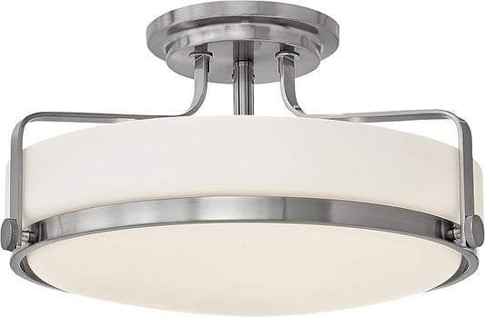 Hinkley Harper 3643BN Large Semi-Flush Ceiling Light, Sleek, Retro Style, Brushed Nickel and Etched Opal Glass