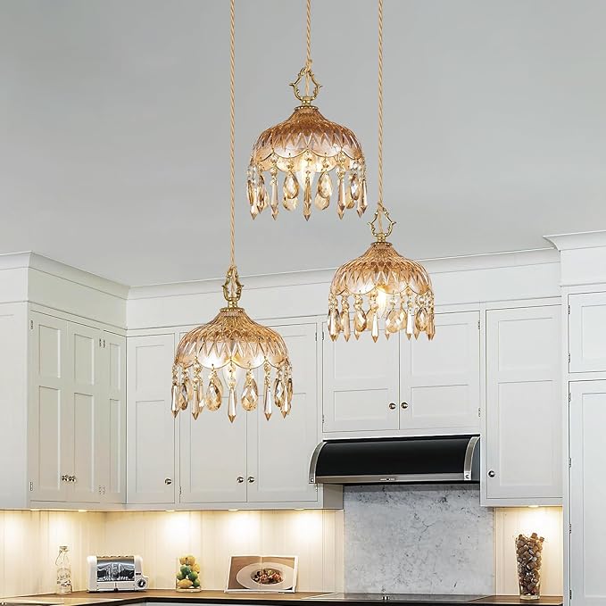 3-Light Glass Pendant Light Crystal Hanging Light Fixtures,Brass Vintage Amber Glass Pendant Lights for Kitchen Island Dining Room Living Room Bedroom Hallway(Amber,Round Chassis)