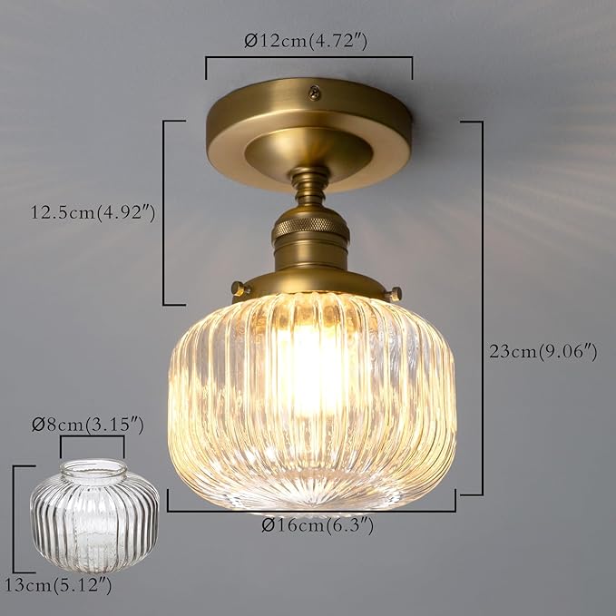 PERMO Small Semi-Flush Mount Ceiling Light Flat Ribbed Glass Shade, Antique Gold Finish, Modern Hallway Lighting Fixture