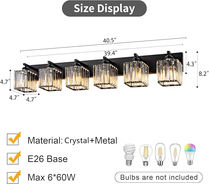 Modern Black Crystal Bathroom Vanity Light for Bathroom 6 Light Vanity Lighting Fixtures Over Mirror Wall Sconce