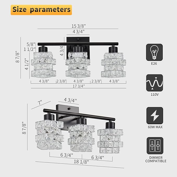 3 Lights Bathroom Vanity Light, Crystal Bathroom Light Fixture Over Mirror, Matte Black & Crystal Rotateable Indoor Wall Lights | Chrome Glass Modern Lampshade for Sink, Mirror & Foyer Corridor