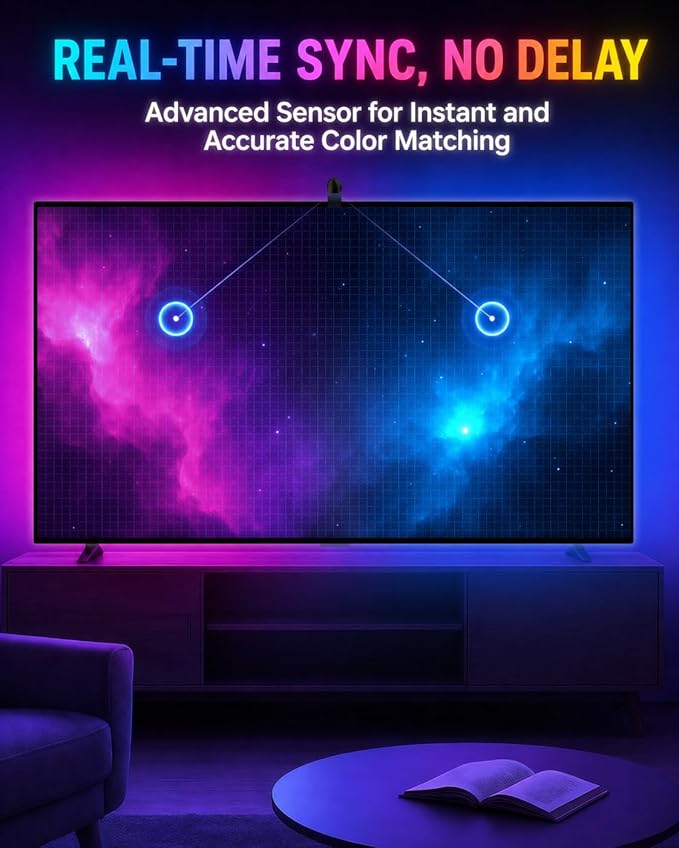 TV LED Backlight with Sensor, LED Sync Lights for TV 55-65 Inch, Smart Camera Sync to Screen, Ambient RGB Strip Lights for Gaming & Home Theater, App Control (14.7ft)