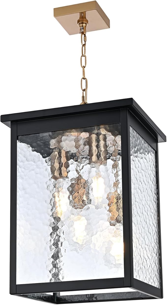 Large Outdoor Pendant Light Fixture, 4-Light Black & Brushed Brass Farmhouse Exterior Hanging Light Fixture with Hammer Glass Adjustable Chain, Outdoor Hanging Lantern for Porch Entrance Front