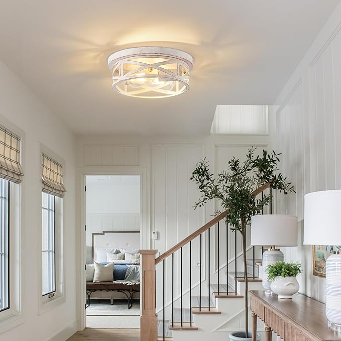2-Pack Cage Flush Mount Ceiling Light Fixtures, Indoor Modern Close to Ceiling Mount Lights, White and Gold, E26 Base House Lights for Kitchen Bedroom Living Room