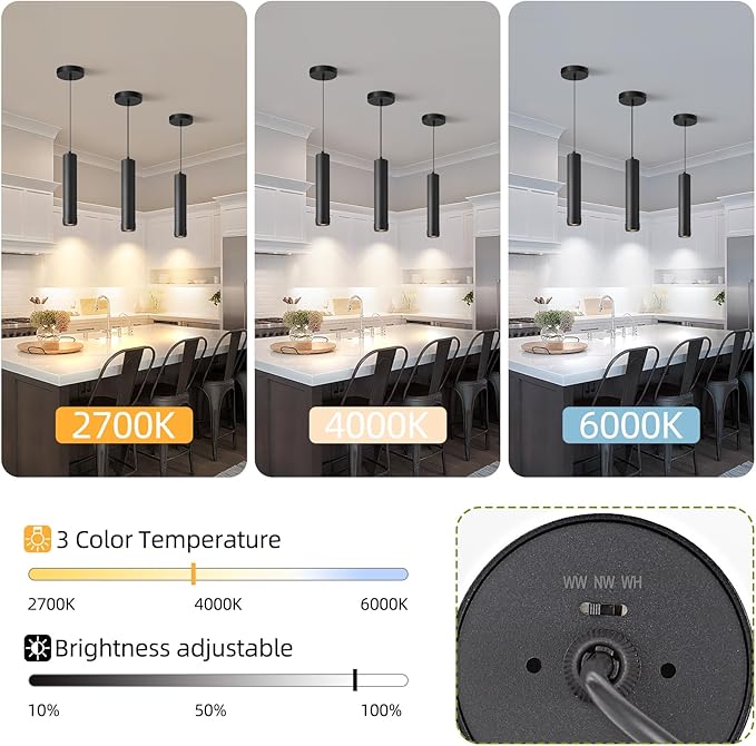OKELI Black LED Mini Pendant Light, Dimmable Hanging Pendant with Adjustable Beam Angle, 3CCT 2700K–6000K Modern Pendant Light for Kitchen Island, Bar Counter or Bedroom, 12W 11.8", 1 Pack