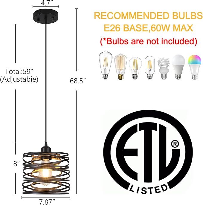 Pendant Light, Kitchen Island Hanging Light Fixtures Wood Farmhouse Metal Pendant Lighting for Dining Room Bedroom Bar Office, Industrial Black, 1 Pack