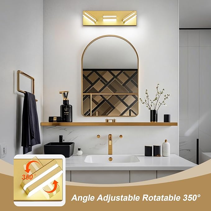 Modern LED Small Bathroom Lights Fixtures 3-Light,Metal Gold Acrylic Wall Lighting,Vanity Lights for Bathroom Over Mirror 6000k 16in
