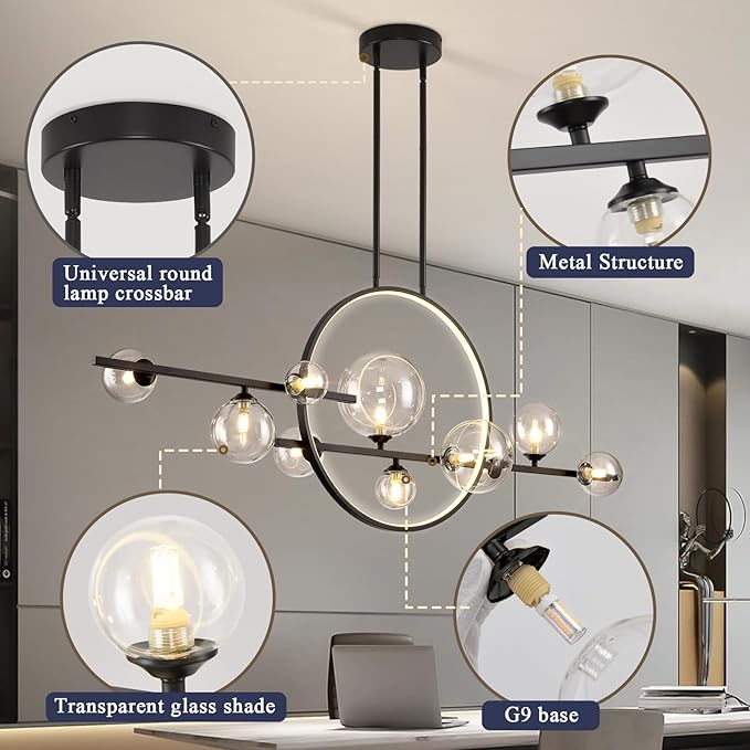 KELUOLY 10 Lights Modern Pendant Light Fixtures, 54" Black Dimmable Mid-Century Dining Room Large Bubble Chandeliers, Linear Kitchen Island Lights with Spherical Clear Glass Shade for bar, Cafe