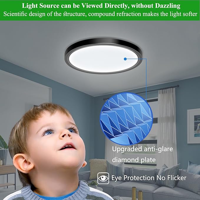 2 Pack LED Flush Mount Ceiling Light Fixture, 24W 12Inch 3000K, 3500K, 4500K, 5000K, 6500K 5 Color Temperatures Low Profile Ceiling Light for Bedroom, Living Room, Dining Room, Black