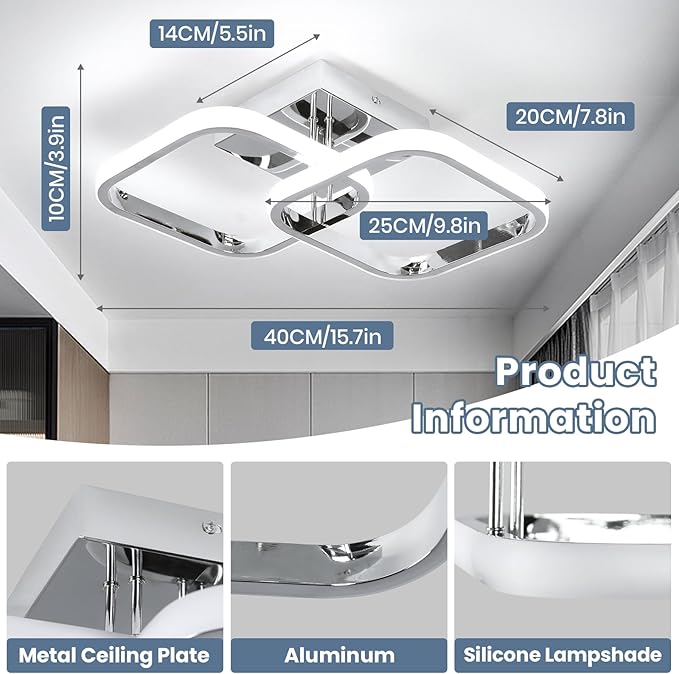 CANEOE Led Hallway Ceiling Light Fixtures, Square Modern Led Ceiling Lamp, 6000K Chrome Finish Indoor Ceiling Lighting Fixture for Living Room Bedroom Kitchen Bathroom Lights (GDD-SFSL-C-US)