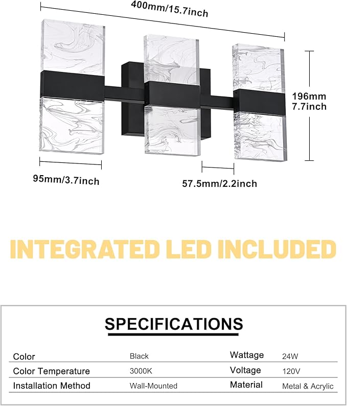 LED 3000K Black Bathroom Light Fixture, Modern 3-Lights Vanity Lighting with Smoke Acrylic Shades, Wall Lamp Over Mirror for Kitchen Bedroom (Integrated Led Chips Included)