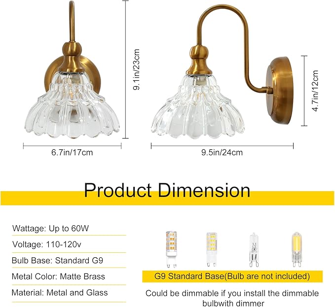 lobolighting Vintage Wall Sconce Set of 2 with Glass Shade Brass Sconces Gold Bathroom Vanity Light Fixtures Modern Wall Lighting Fixture for Bedroom Bedside Door Header