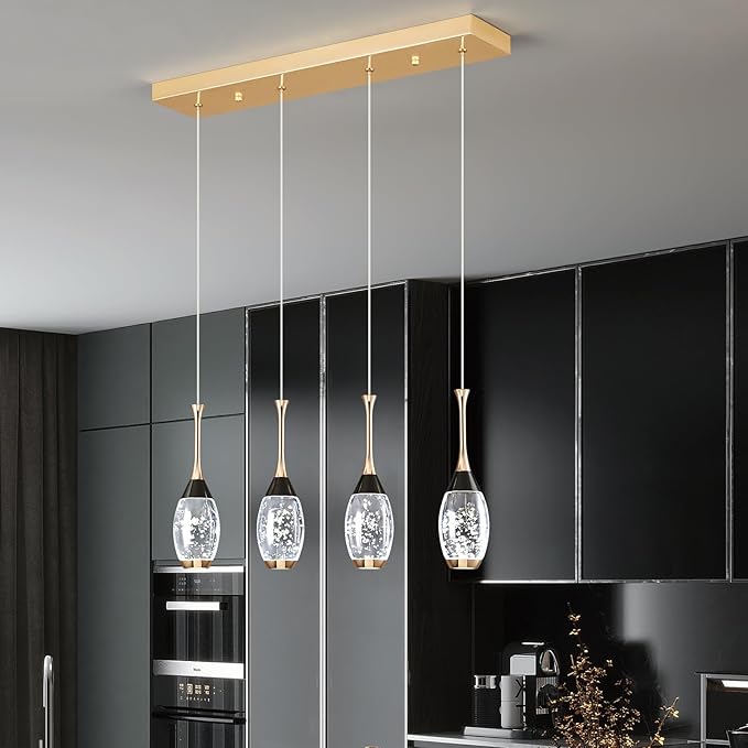 Modern Black Gold Pendant Light Dimmable LED Ceiling Light Fixtures Mini Teardrop Crystal Pendant Lighting for Kitchen Island Bedroom Hallway Entryway (4 Light，Champagne Gold)