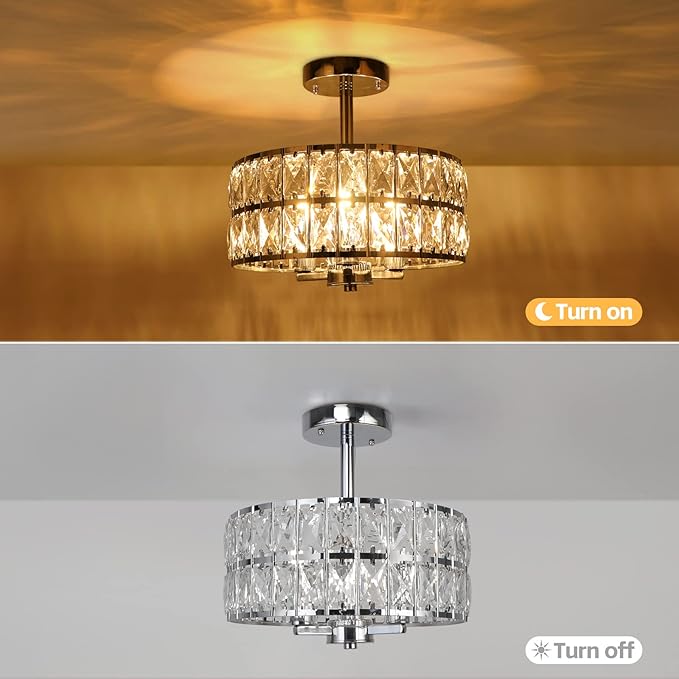 3-Ligth Round Crystal Ceiling Light, Modern Hallway Light Fixtures, 12.6" Chrome Semi Flush Mount Kitchen Chandelier with Cylinder Drum Shade for Closet Dining Room Bedroom
