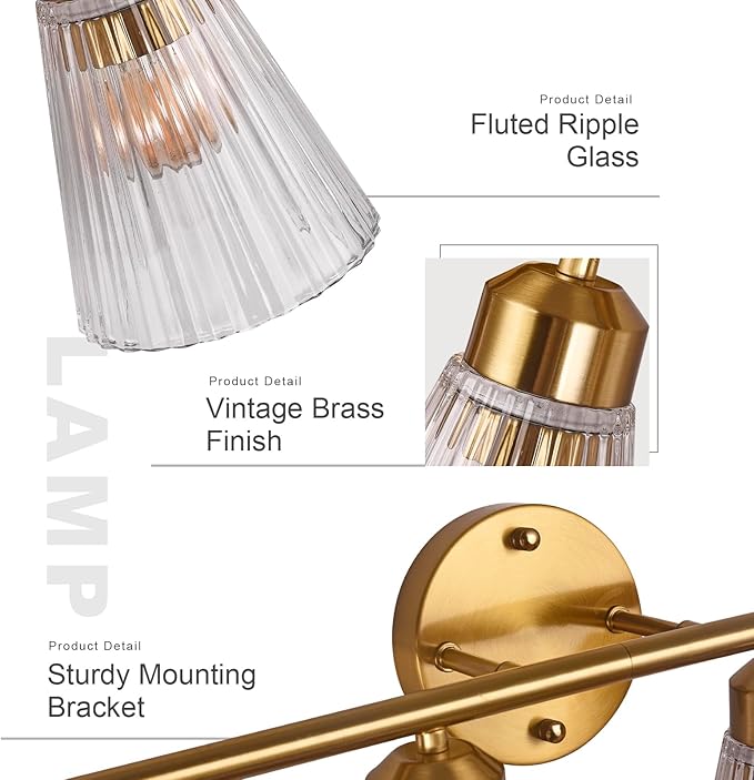 4-Light Bathroom Vanity Light, Brushed Gold Bathroom Light Fixtures Over Mirror with Stripe Glass, Modern Wall Lamp, Wall Sconces Lighting for Living Room Bedroom Kitchen Hallway